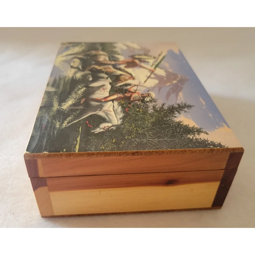 Vtg Wood Box Native American Warriors Horses Las Vegas Hinged Trinket‎ holder